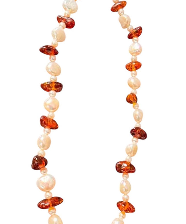 -Freshwater Pearl & Amber Beaded Necklace 14K Gold Clasp