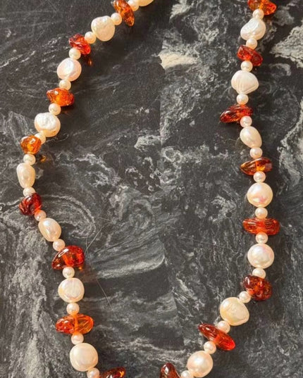 -Freshwater Pearl & Amber Beaded Necklace 14K Gold Clasp