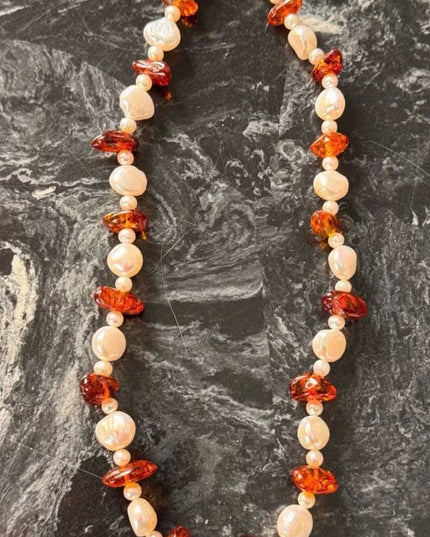 -Freshwater Pearl & Amber Beaded Necklace 14K Gold Clasp