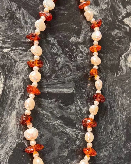-Freshwater Pearl & Amber Beaded Necklace 14K Gold Clasp
