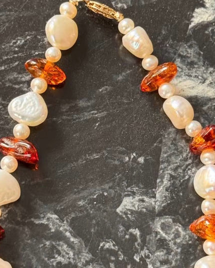 -Freshwater Pearl & Amber Beaded Necklace 14K Gold Clasp