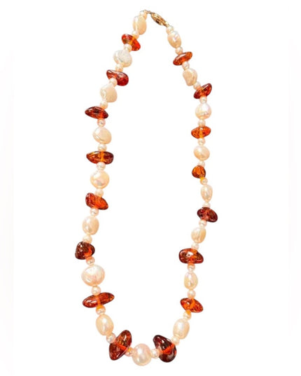 -Freshwater Pearl & Amber Beaded Necklace 14K Gold Clasp