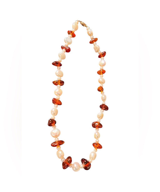 -Freshwater Pearl & Amber Beaded Necklace 14K Gold Clasp