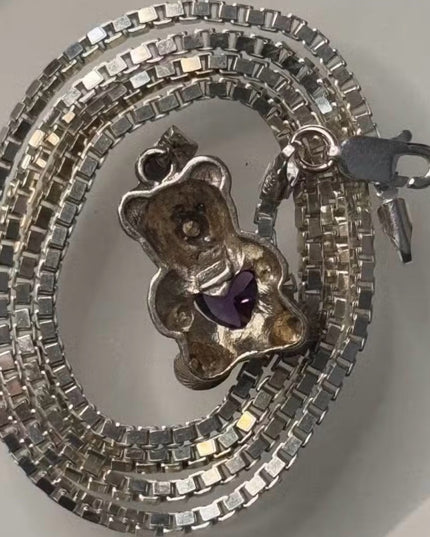 Sterling Silver Amethyst Heart Teddy Bear Vintage Necklace