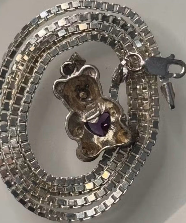 Sterling Silver Amethyst Heart Teddy Bear Vintage Necklace