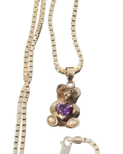 Sterling Silver Amethyst Heart Teddy Bear Vintage Necklace