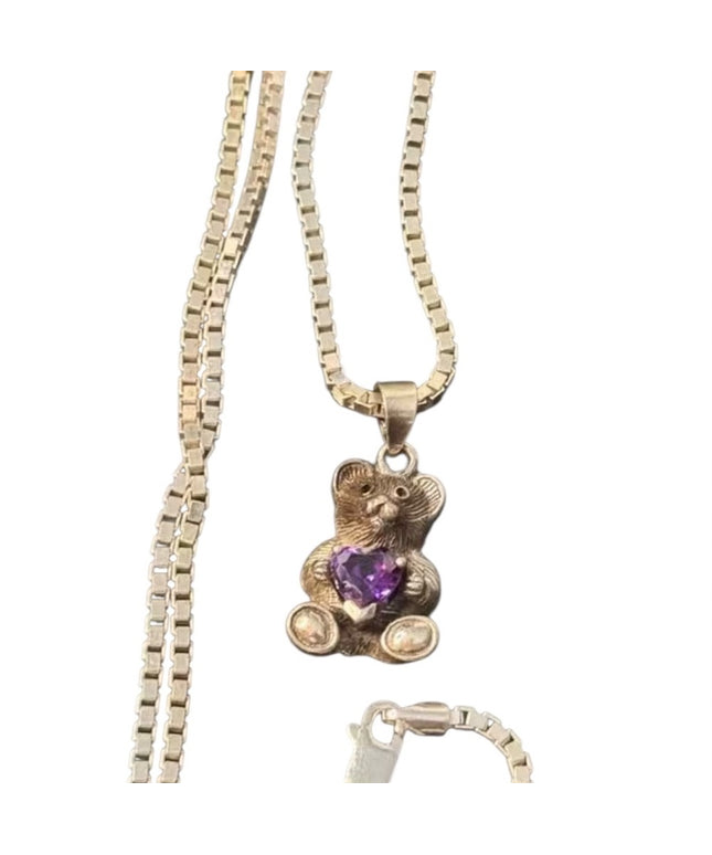 Sterling Silver Amethyst Heart Teddy Bear Vintage Necklace