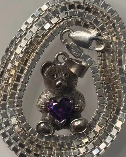 Sterling Silver Amethyst Heart Teddy Bear Vintage Necklace
