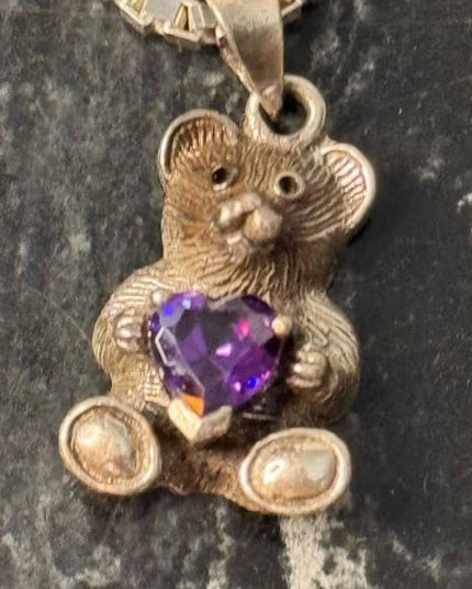 Sterling Silver Amethyst Heart Teddy Bear Vintage Necklace