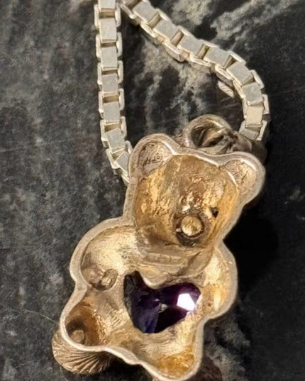 Sterling Silver Amethyst Heart Teddy Bear Vintage Necklace