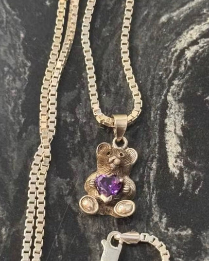 Sterling Silver Amethyst Heart Teddy Bear Vintage Necklace