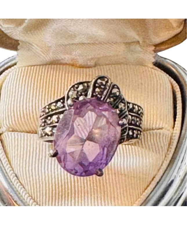 Vintage Fancy Art Deco Style Sterling 925 Silver Amethyst Ring with Marcasite