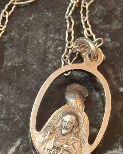 VTG Sterling Silver 925 Oval Virgin Mary Reverse Jesus Religious Medal Necklace