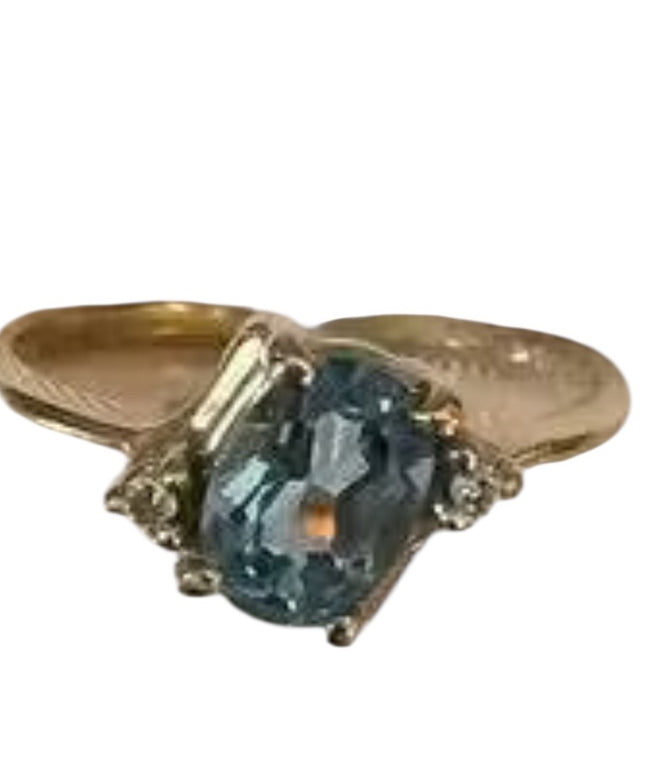 Vintage Magic Glo 10K Yellow Gold Oval Blue Topaz Ring  Diamond Accents Sz 7.5