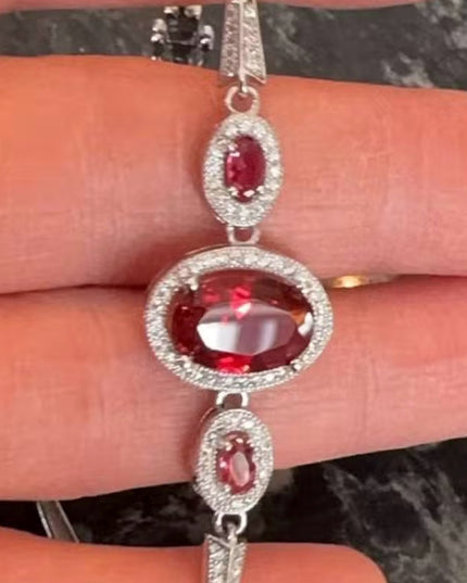 Lovely Rhinestone 7.5” Sterling Silver 925 Red Stone CZ Art Deco Style Bracelet
