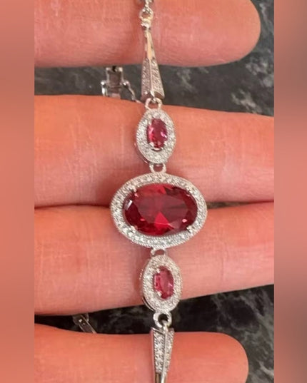 Lovely Rhinestone 7.5” Sterling Silver 925 Red Stone CZ Art Deco Style Bracelet