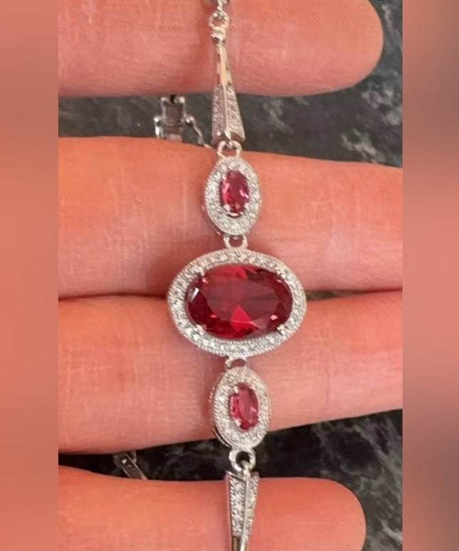 Lovely Rhinestone 7.5” Sterling Silver 925 Red Stone CZ Art Deco Style Bracelet