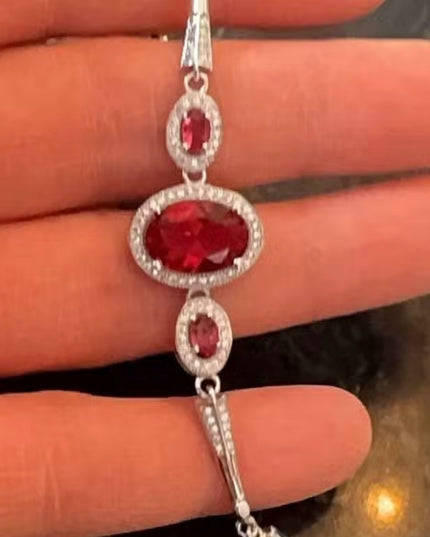Lovely Rhinestone 7.5” Sterling Silver 925 Red Stone CZ Art Deco Style Bracelet