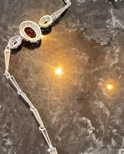 Lovely Rhinestone 7.5” Sterling Silver 925 Red Stone CZ Art Deco Style Bracelet