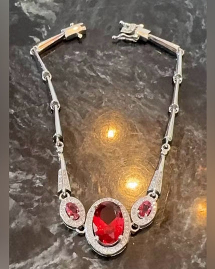 Lovely Rhinestone 7.5” Sterling Silver 925 Red Stone CZ Art Deco Style Bracelet