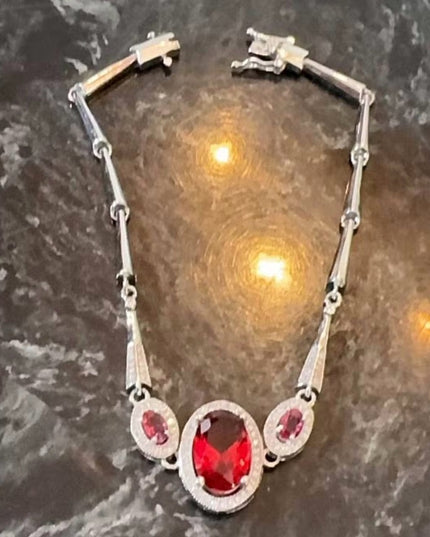 Lovely Rhinestone 7.5” Sterling Silver 925 Red Stone CZ Art Deco Style Bracelet
