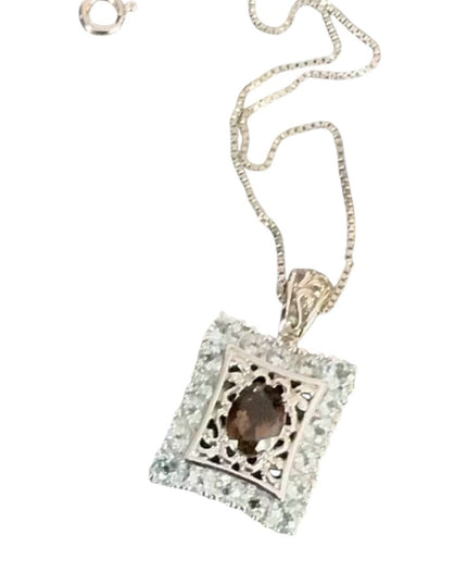 Sterling Silver 925 Smoky Quartz Pendant Necklace with CZ Accents