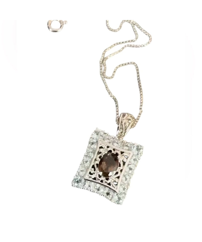 Sterling Silver 925 Smoky Quartz Pendant Necklace with CZ Accents