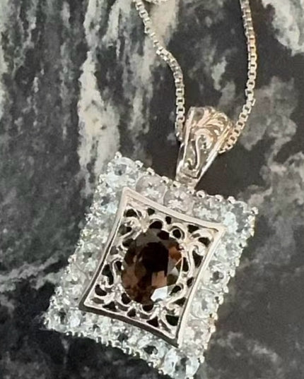 Sterling Silver 925 Smoky Quartz Pendant Necklace with CZ Accents