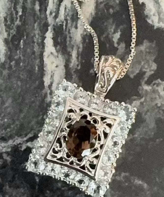 Sterling Silver 925 Smoky Quartz Pendant Necklace with CZ Accents