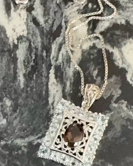 Sterling Silver 925 Smoky Quartz Pendant Necklace with CZ Accents
