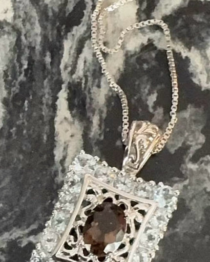 Sterling Silver 925 Smoky Quartz Pendant Necklace with CZ Accents