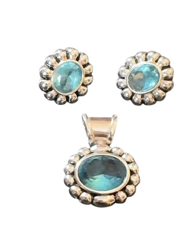 Sterling Silver 925 Jewelry Set 3 Pc Blue Stone Earrings & Pendant Lot
