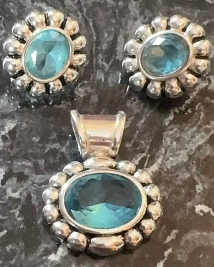 Sterling Silver 925 Jewelry Set 3 Pc Blue Stone Earrings & Pendant Lot