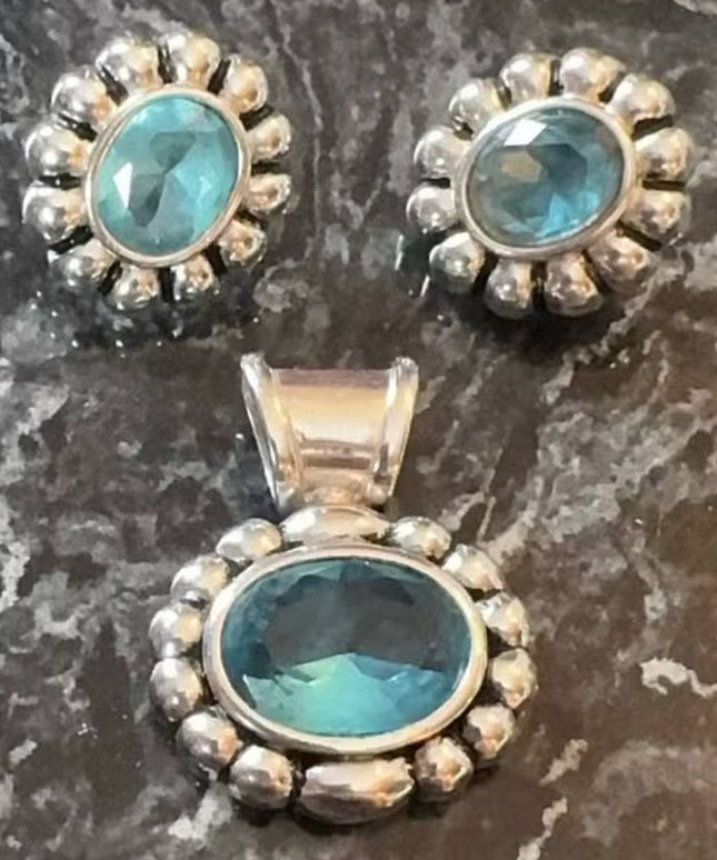 Sterling Silver 925 Jewelry Set 3 Pc Blue Stone Earrings & Pendant Lot
