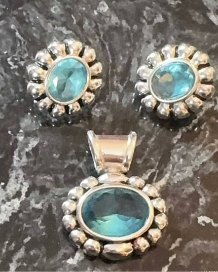 Sterling Silver 925 Jewelry Set 3 Pc Blue Stone Earrings & Pendant Lot