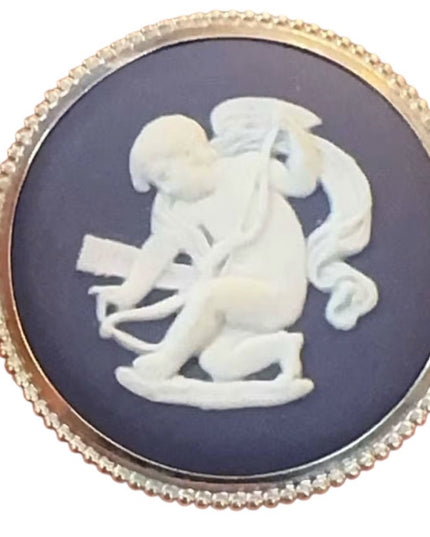 Vintage Round Wedgwood Blue Jasperware Cherub Cupid Brooch Cameo Neoclassical