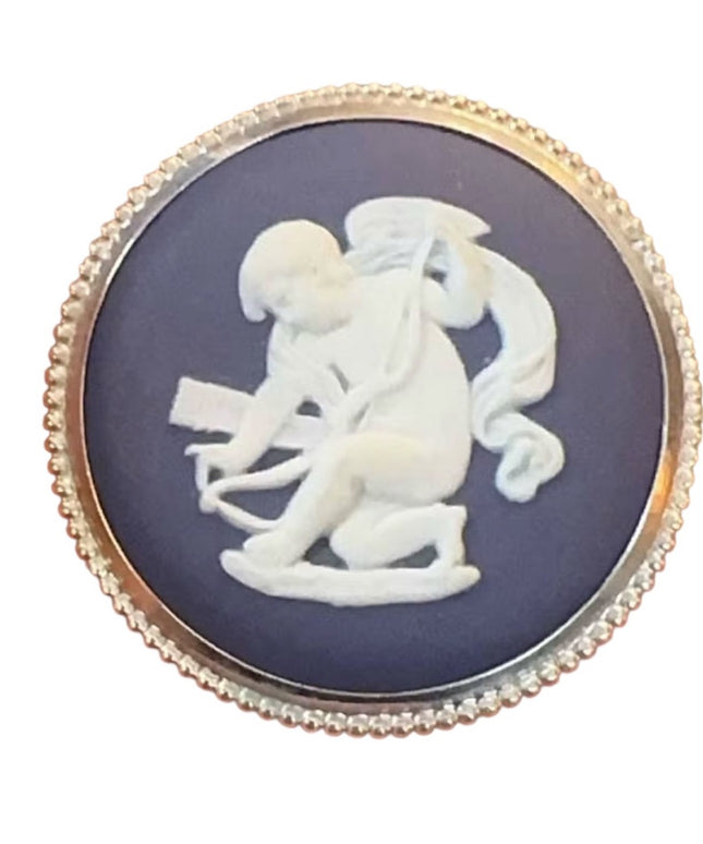 Vintage Round Wedgwood Blue Jasperware Cherub Cupid Brooch Cameo Neoclassical