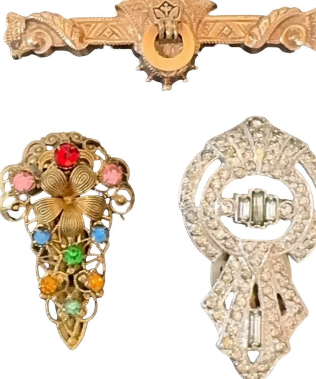 Lot of Antique Art Deco Jewelry Fur Clips Ornate Gold