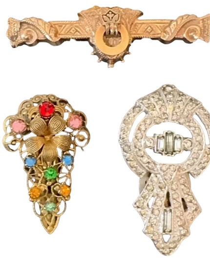 Lot of Antique Art Deco Jewelry Fur Clips Ornate Gold