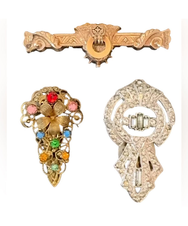 Lot of Antique Art Deco Jewelry Fur Clips Ornate Gold