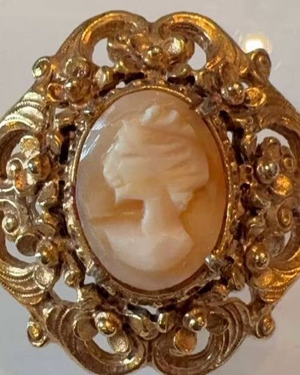 Vintage Florenza Antique Styled Shell Cameo Convertible Brooch Pendant Gold Tone
