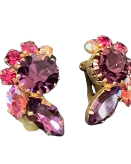 Vintage 1960s Fancy Gold Clip-On Earrings with Purple & Pink Rhinestones