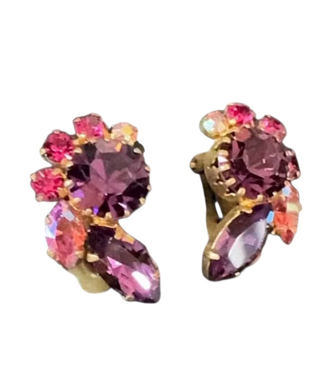Vintage 1960s Fancy Gold Clip-On Earrings with Purple & Pink Rhinestones