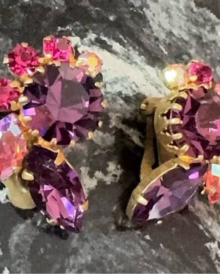 Vintage 1960s Fancy Gold Clip-On Earrings with Purple & Pink Rhinestones