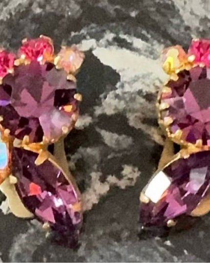 Vintage 1960s Fancy Gold Clip-On Earrings with Purple & Pink Rhinestones