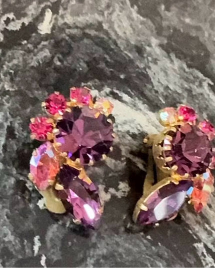 Vintage 1960s Fancy Gold Clip-On Earrings with Purple & Pink Rhinestones