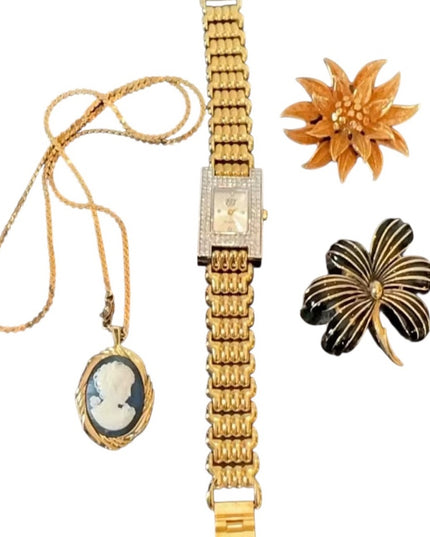 Lot Elizabeth Taylor Rhinestone Watch Floral Brooches Coro Cameo Necklace