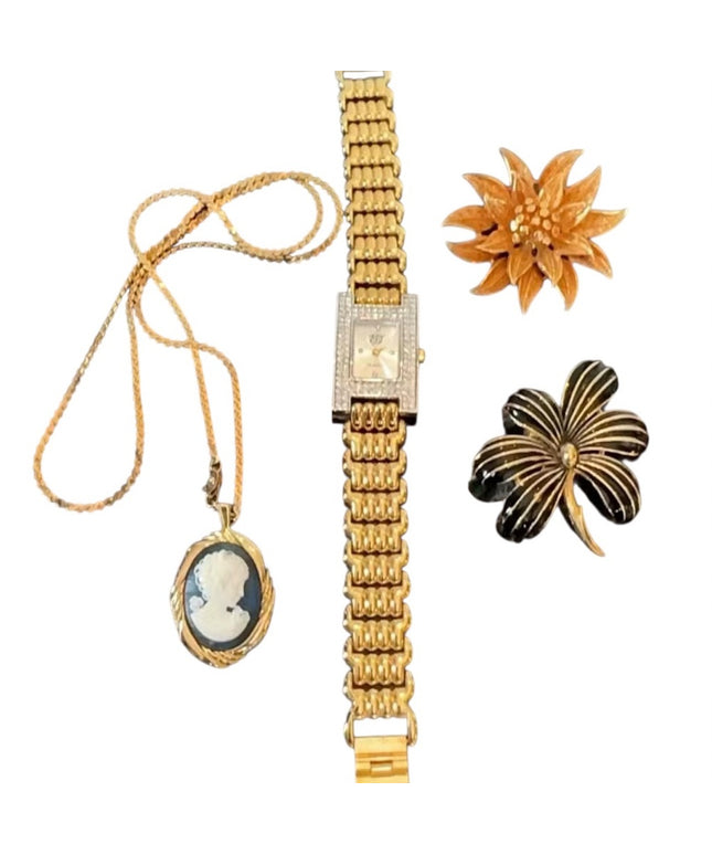 Lot Elizabeth Taylor Rhinestone Watch Floral Brooches Coro Cameo Necklace