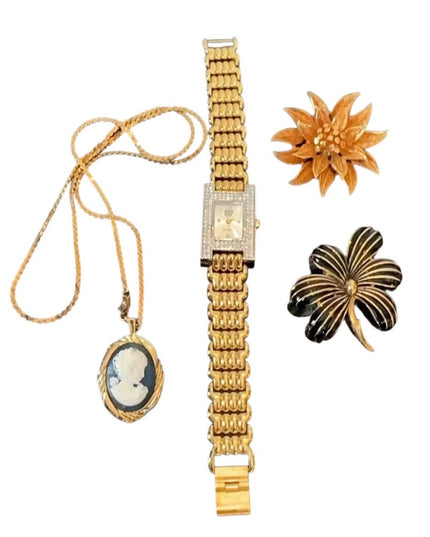 Lot Elizabeth Taylor Rhinestone Watch Floral Brooches Coro Cameo Necklace