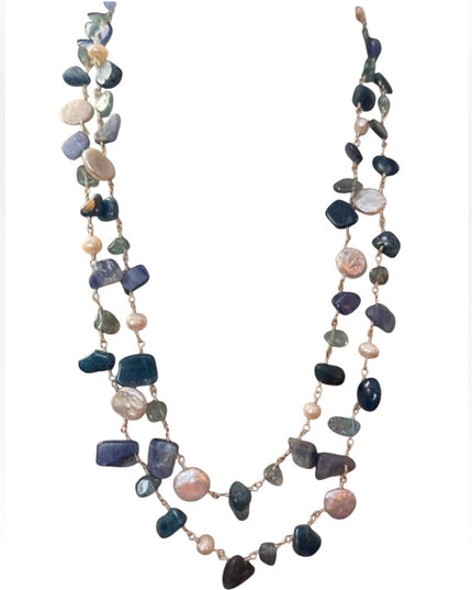 Multi-Strand Sterling Silver 925 Beaded Necklace Pearls & Blue/Green Gemstones